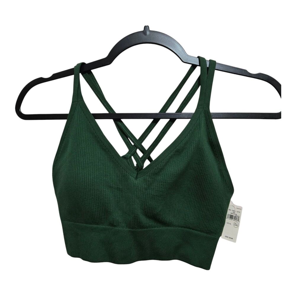 Aerie Sports Bra Green Size XL Crossback Straps Ribbed Fabric Removable Pads NEW